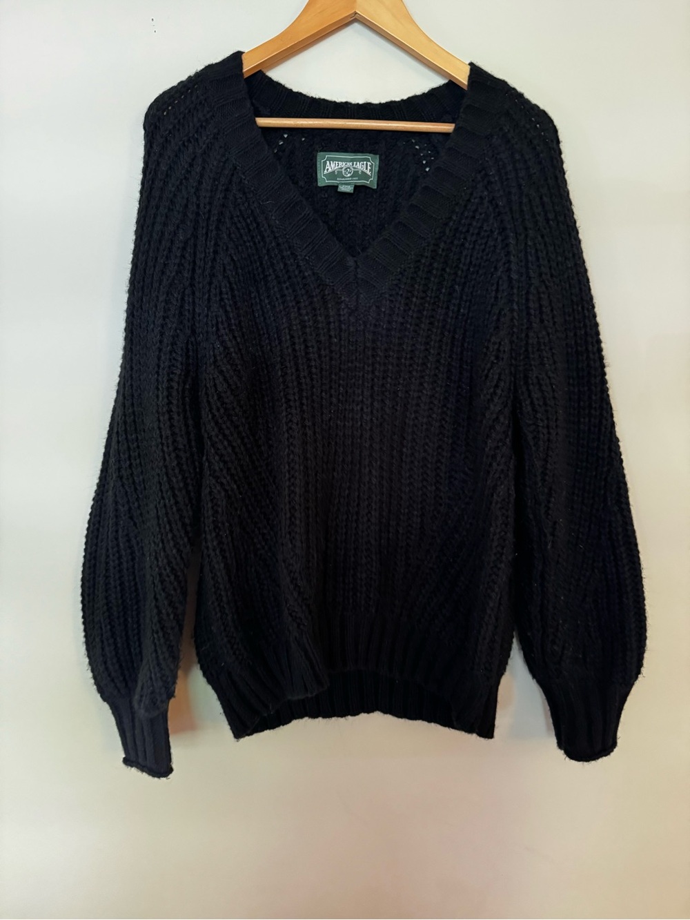 American Eagle Outfitters Black V-Neck Chunky Cable Sweater